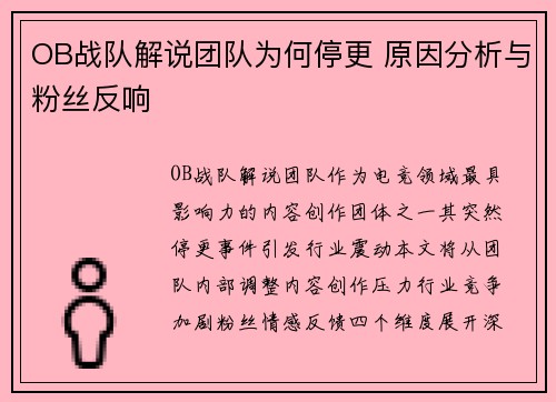 OB战队解说团队为何停更 原因分析与粉丝反响